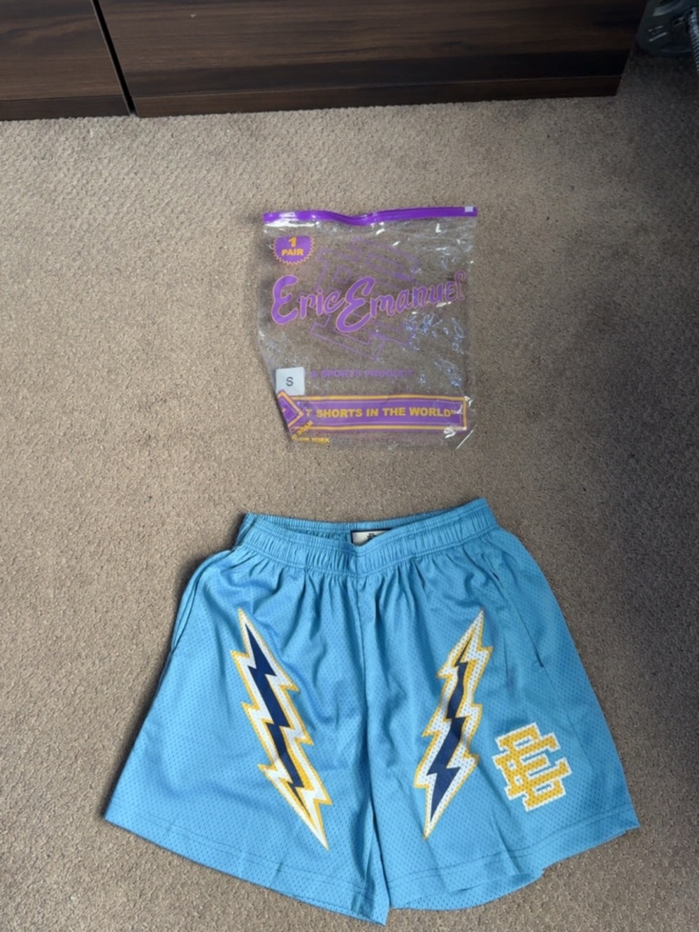 Brand New- Eric Emanuel Light Blue Athletic Shorts with Yellow & Navy Lightning